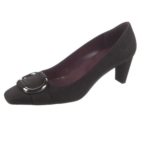 Stuart Weitzman Black Textured Closed Toe Buckle Embellished Heels - Picture 1 of 16